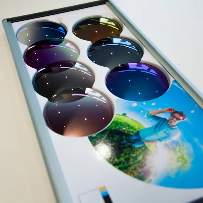 variety of colourful lenses displayed in Newcastle optician's clinic